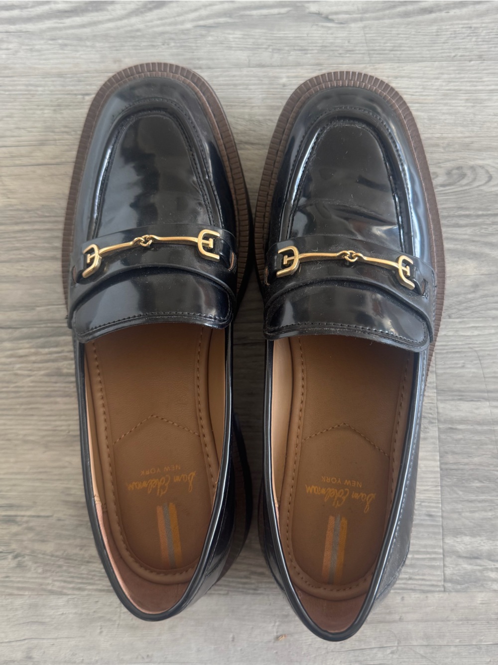 Sam Edelman Lea Platform Loafer in Black Patent with Brown Sole Detail